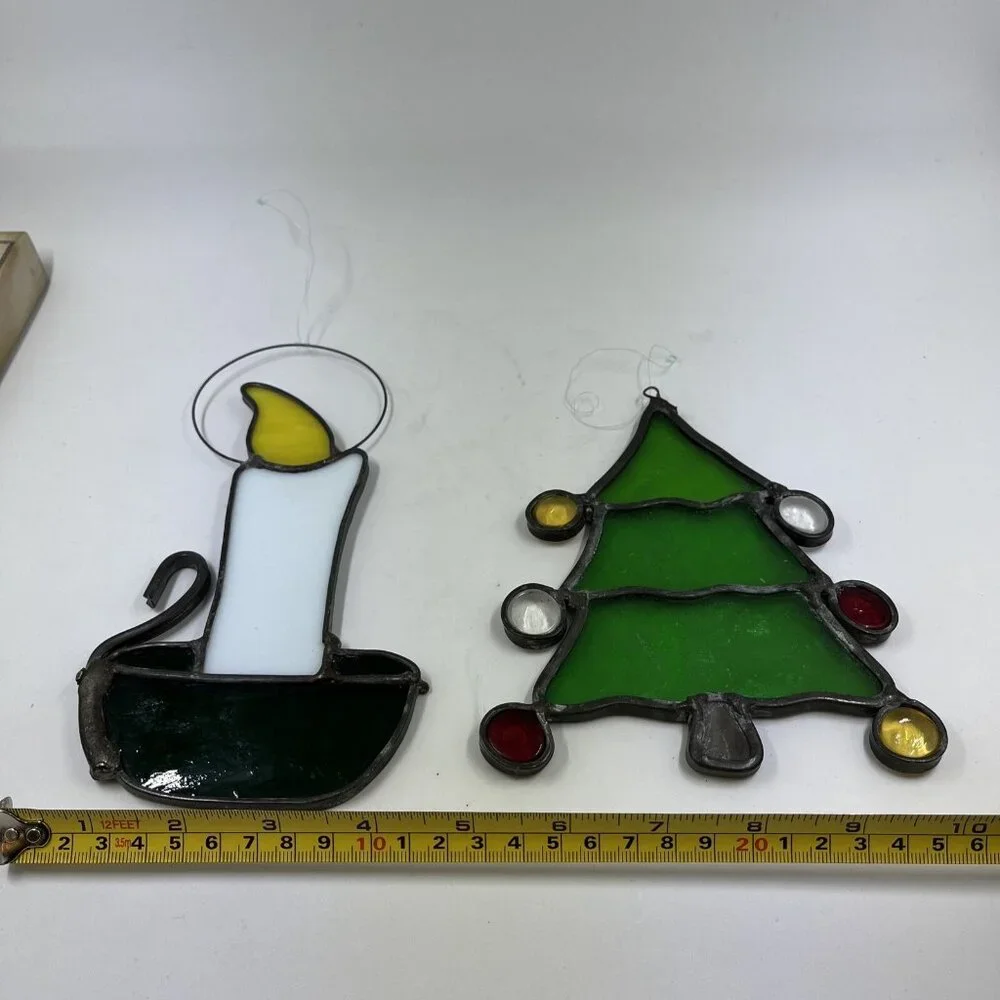 Vintage Stained‎ Glass Christmas Tree & Candle Window Hangers 6.5
